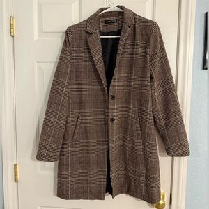 SHEIN Brown Checkered Plaid Twee Women's Wool Blazer Coat